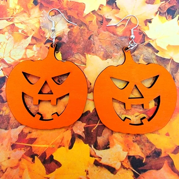 Jack-o-latern Wooden Earrings - Picture 1 of 1